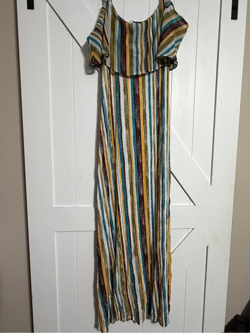 Striped Cold-Shoulder Maxi Dress in Teal, Mustard & Brown